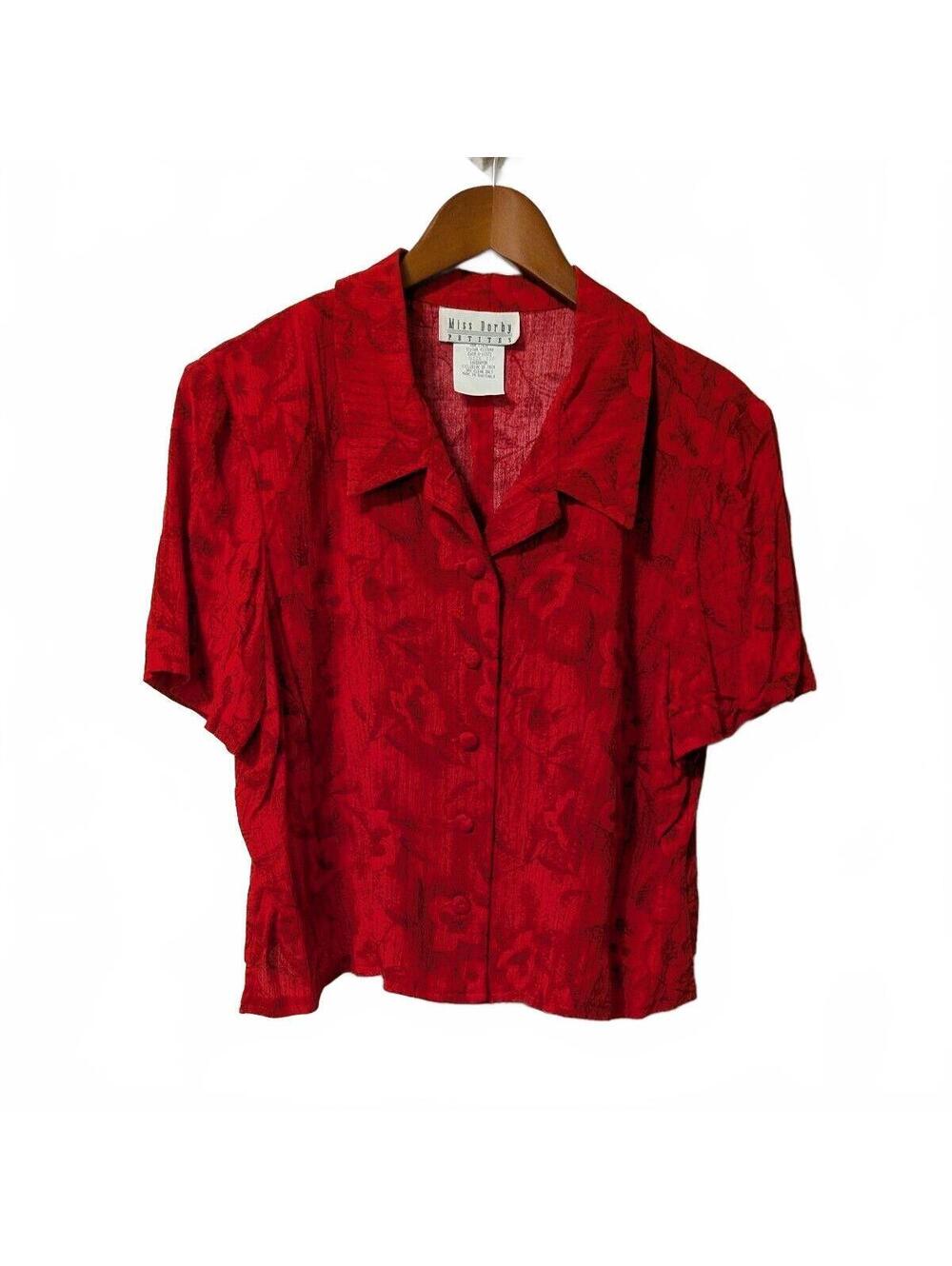 90s Miss Dorby Red Floral Rayon Blouse French Girl Parisian Short Sleeve Size ML